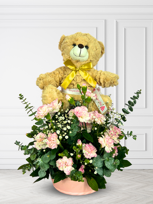Arreglo de clavel con peluche